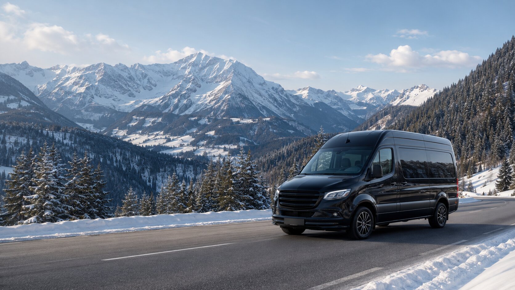 Illustrativer schwarzer Taxi-Van auf einer winterlichen Alpenstraße in Tirol
